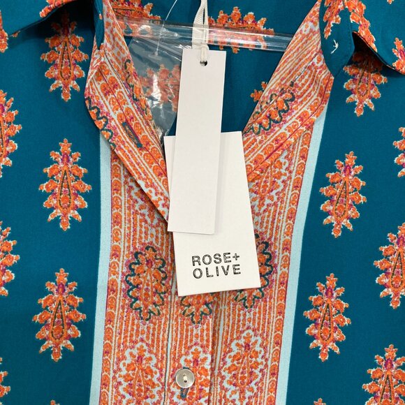 New Rose & Olive Large Blue Orange Boho Print Soft Flowy Long Sleeve Button Up - Picture 3 of 12